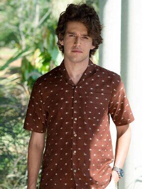 Pali Brown Wood Chips Cuban Collar Handwoven Ikat Shirt/22825